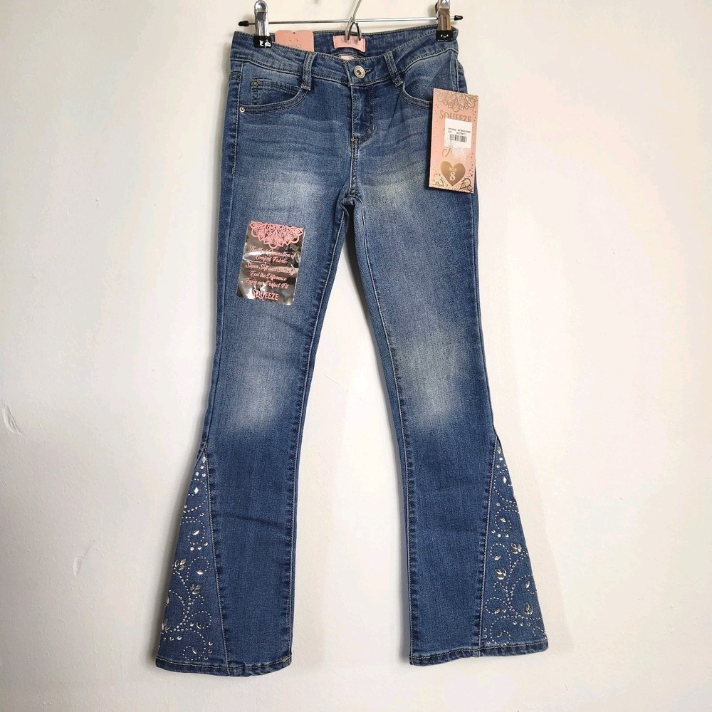 Girls Squeeze Jeans Size 8 Blue Bootcut Rhinestone Embellished Denim NWT Sparkle